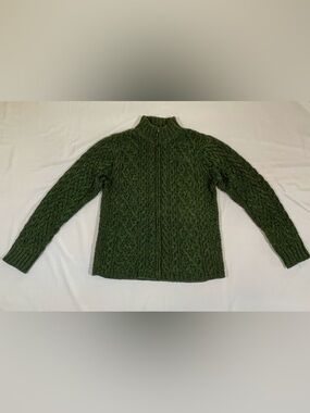 Inis Crafts Sweater Green Merino Wool Cable Knit Full Zip Mock Women’s M Ireland